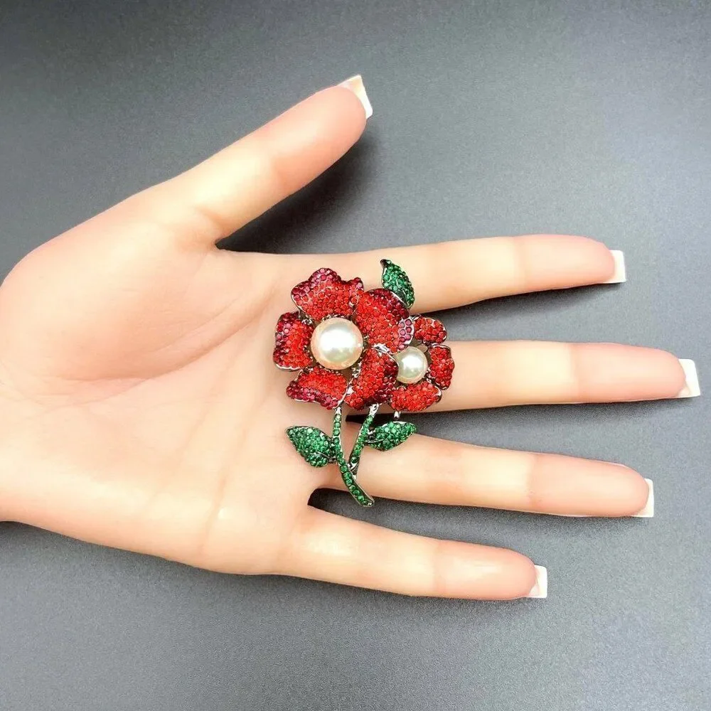 Gun Metal with Ruby Garnet Red and Emerald Crystal Pearl Flower Pin Back Brooch